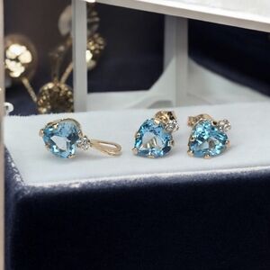 10K Yellow Gold Sky Blue Topaz Hear With Diamind Accent Earrings & Pendant Set
